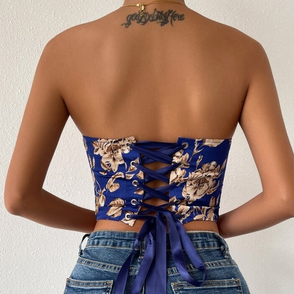 Boho Black floral print lace up back satin bustier corset tube top - Picture 8 of 14